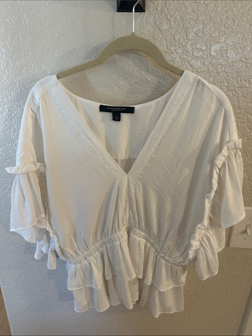 Women’s White Ruffle V-Neck Blouse with Flounced Sleeves